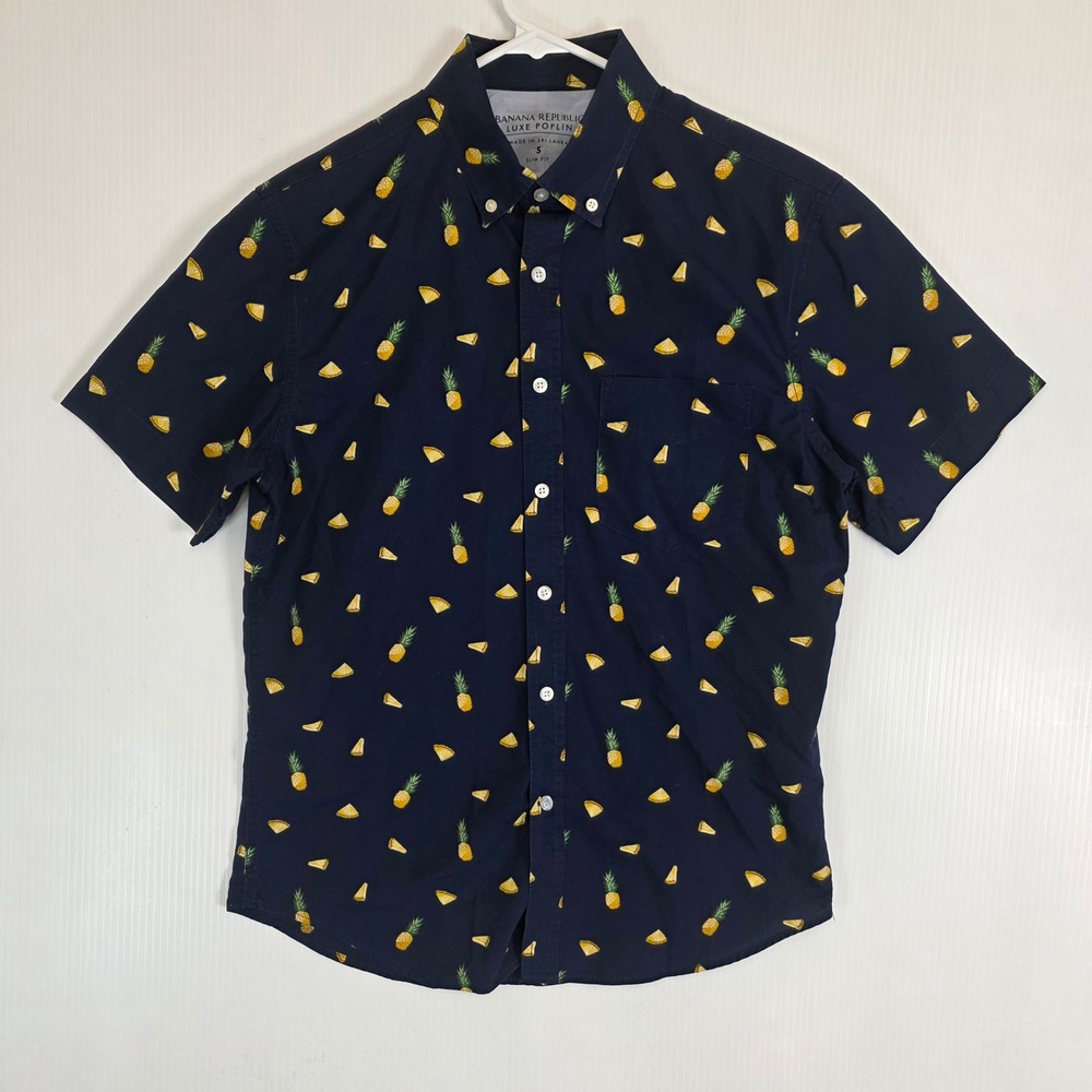 Banana Republic Luxe Poplin Shirt Mens Small Blue Pineapple AOP Slim Fit Swing‎